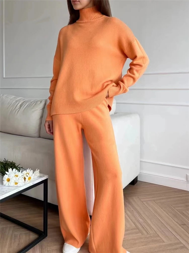 Women's Knit 2-Piece Set – High-Waist Wide-Leg Pants