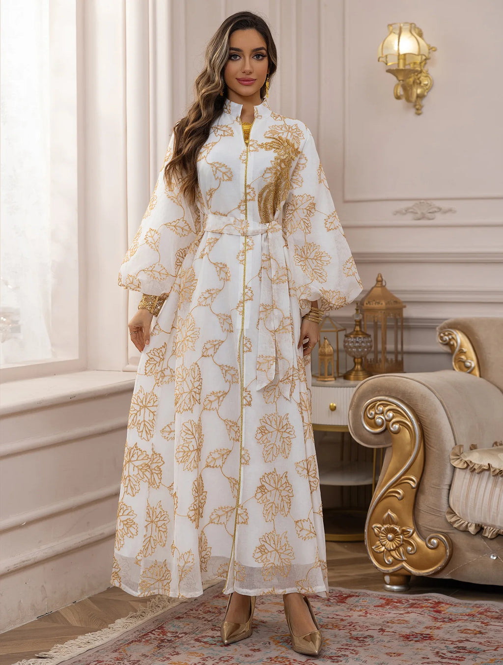 White Gold Floral Embroidered Belted Abaya