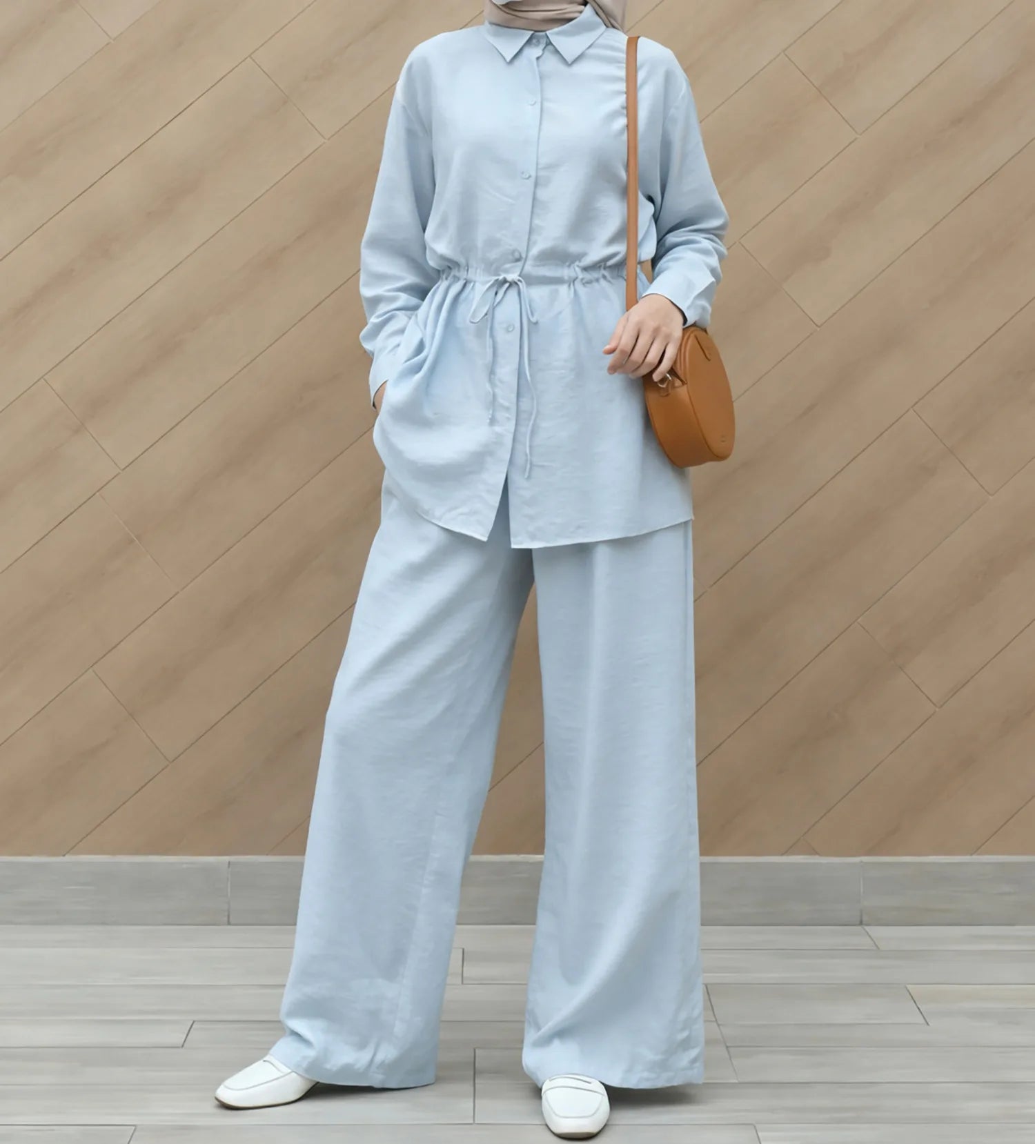 Shirts Suit Women Eid Shirt Wide Leg Pants 2 Piece Set Muslim Morocco Top Trousers Outfits Drawstring Ramadan Dubai Ensemble