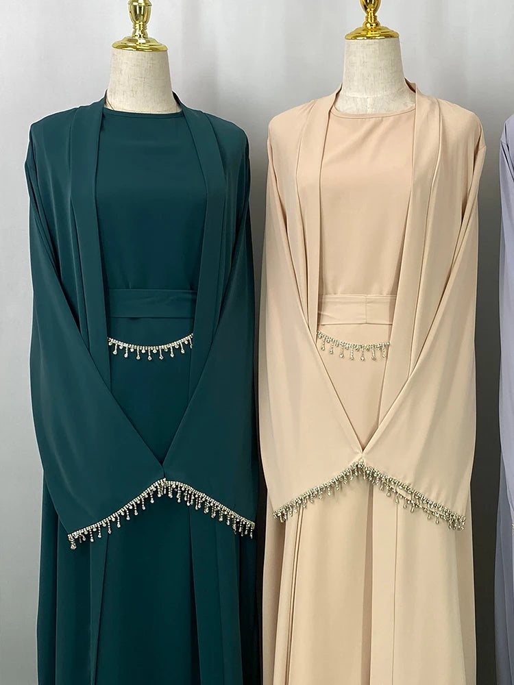 Crystal Chain Nida Black Abaya Evening Dress Set