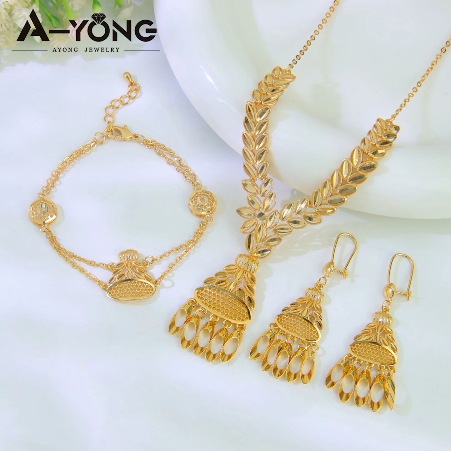 Dubai Wedding Gold Necklace Bracelet & Earrings Set