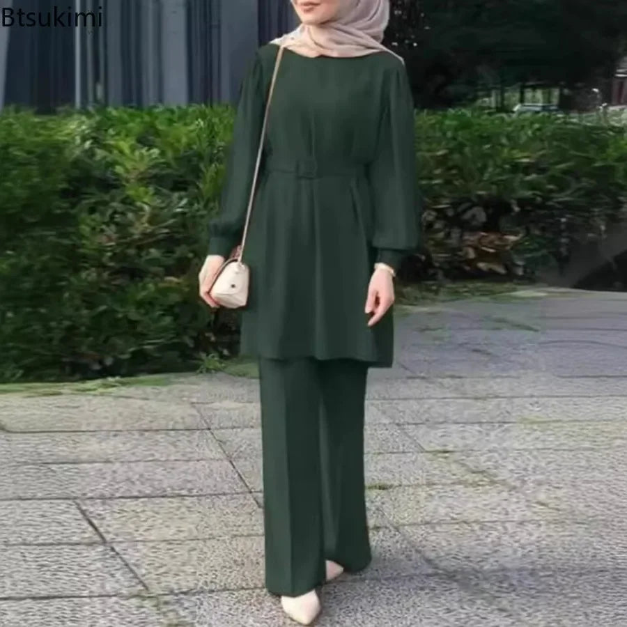 Elegant Muslim Blouse, Belt & Pants Set