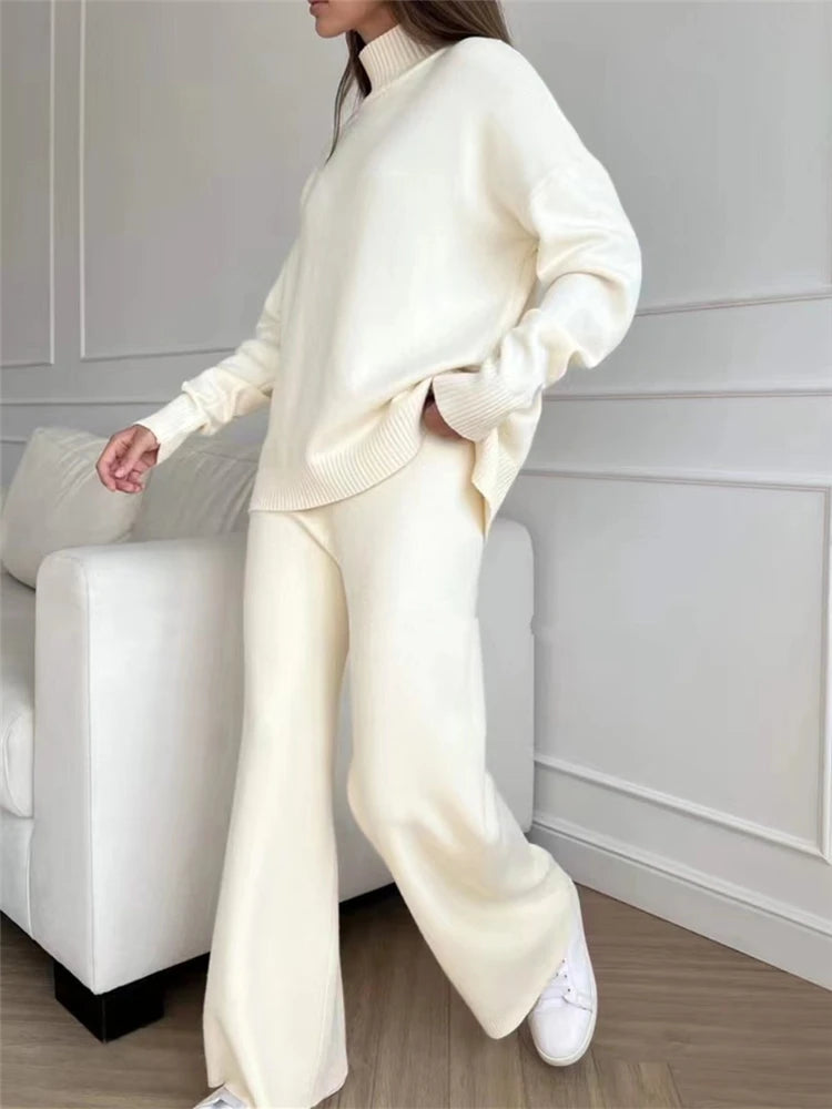 Women's Knit 2-Piece Set – High-Waist Wide-Leg Pants