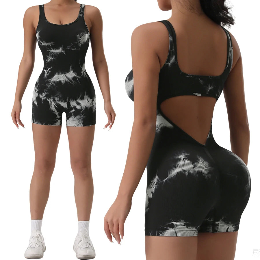 1PCS Backless Yoga Suit U Neck Sleeveless Sports Jumpsuit Solid Colour Threaded Stretch Women Bodysuit Without Bust Pads