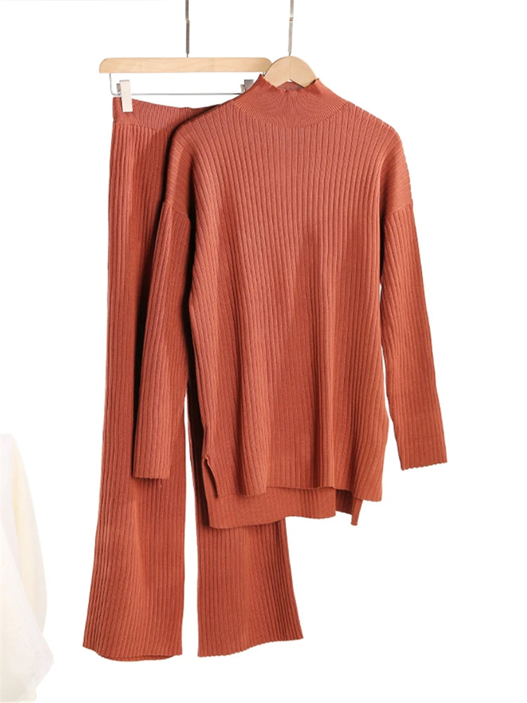 Women's Knit 2-Piece Set – High-Waist Wide-Leg Pants