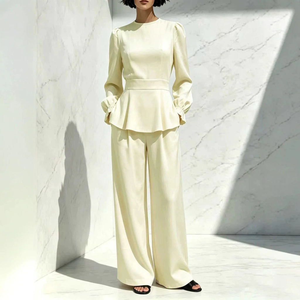 Women spring autumn Elegant 2 Piece Set Round Neck Long Puff Sleeve Flared Hem Top High Waist Wide Leg Pants Office casual Suit