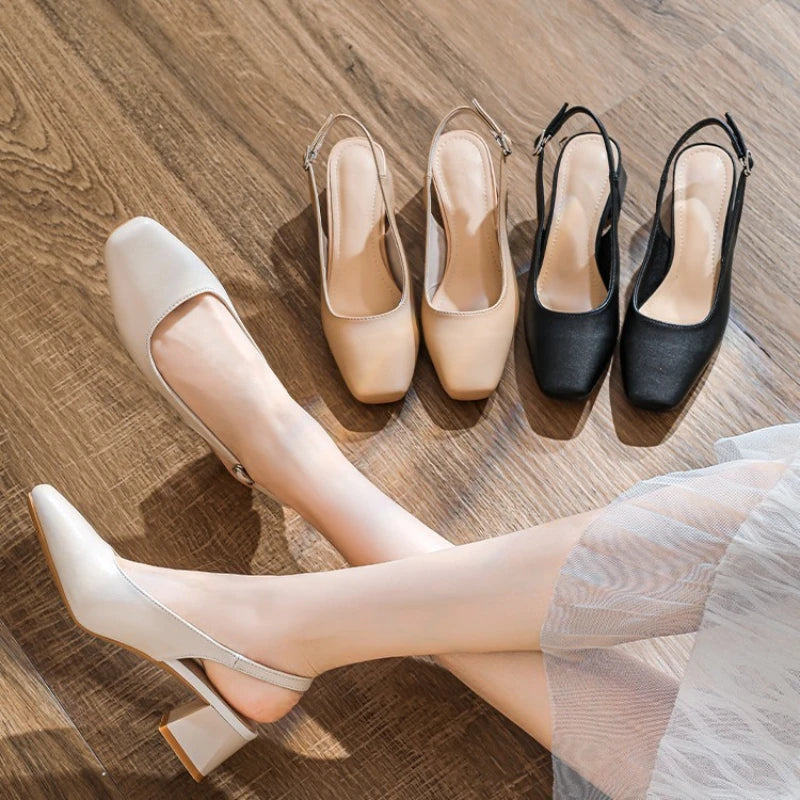 2025 New Mid Thick Heel High Heels Women's Shoes French Baotou Shallow Mouth Sandals Women's Summer Large Coarse Heeled Sandals