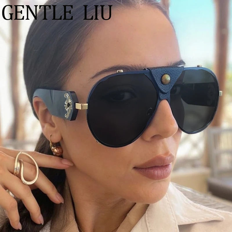 Vintage Oversized Steampunk Pilot Oval Sunglasses 2026 Luxury Brand Shield Sunglass Trendy Goggle Driving Eyewear Shades UV400