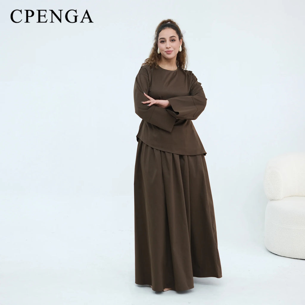 Elegant Women's 2 Piece Abaya Set Muslim Clothing Long Sleeve Top and Pleated Skirt Islamic Traditional Matching Turkey Outfit