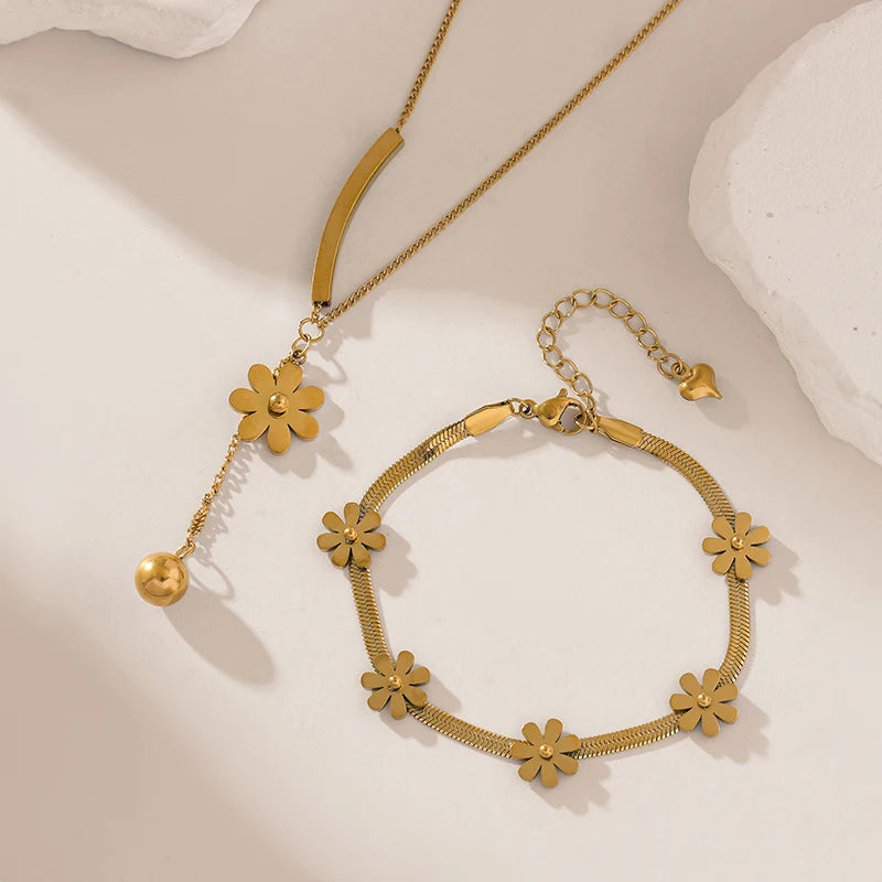 Gold Flower Stainless Steel Necklace & Bracelet Set