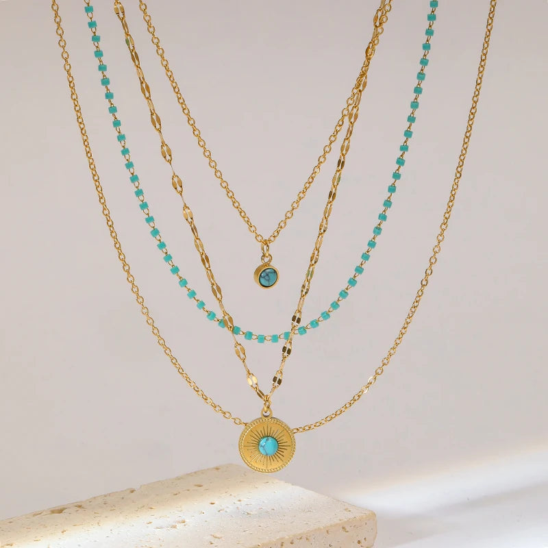 Green Stone Multilayer Pendant Necklace