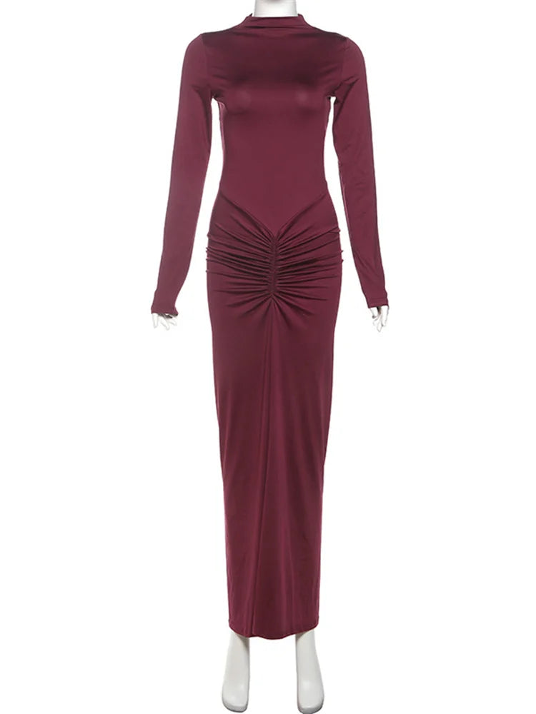 Long Sleeve Ruched Bodycon Maxi Dress