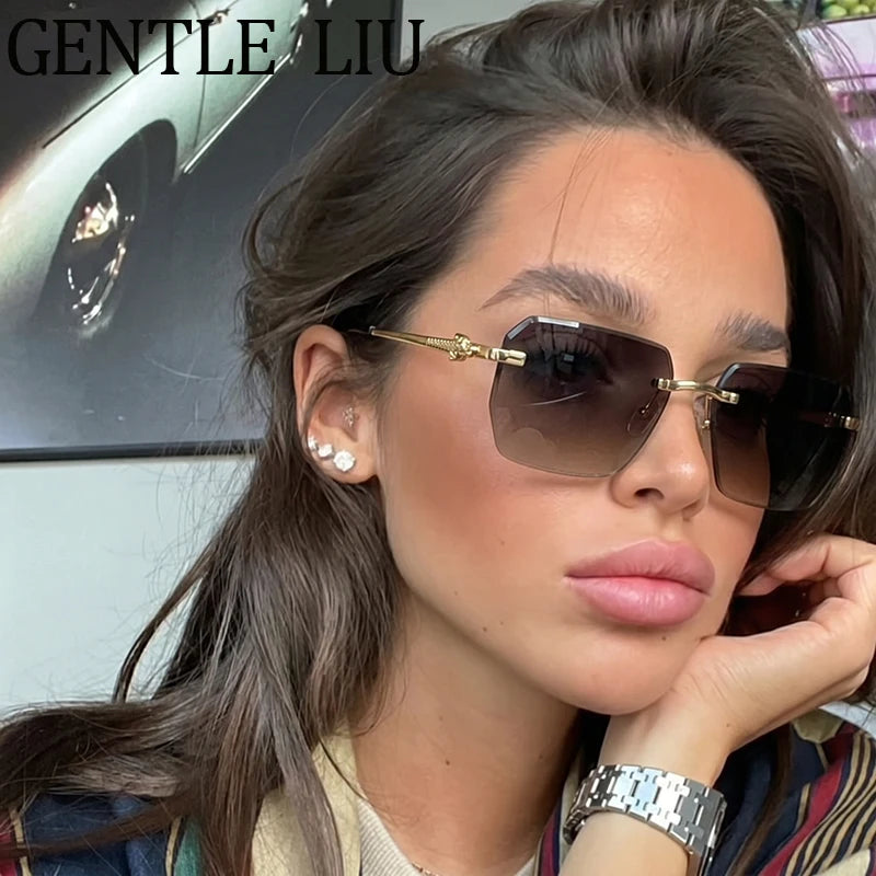 Geometric Square Rimless Sunglasses Women 2026 Luxury Designer Steampunk Leopard Head Metal Sun Glasses Ladies Shades Eyewear