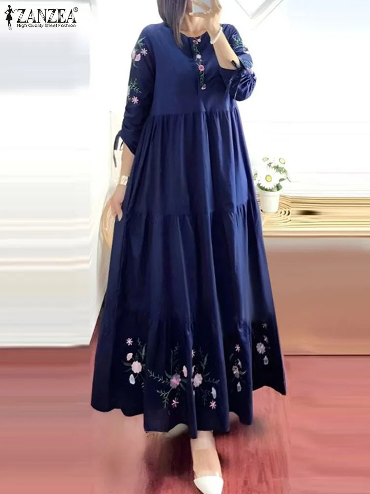 Floral Print 3/4 Sleeve Loose Kaftan Maxi Dress