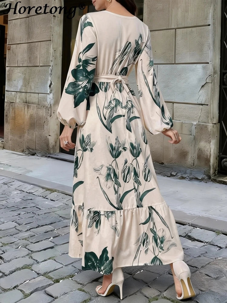 Floral Print Round Neck Ruffle Hem Modest Maxi Dress
