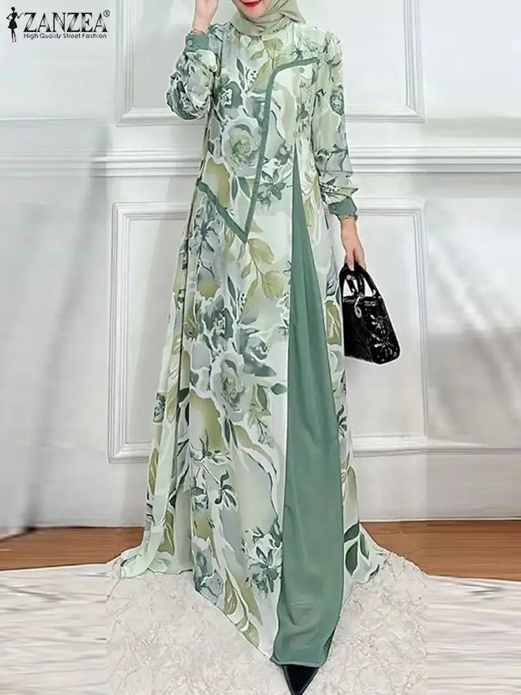 Patchwork Vintage Long Sleeve Printed Abaya Maxi Dress