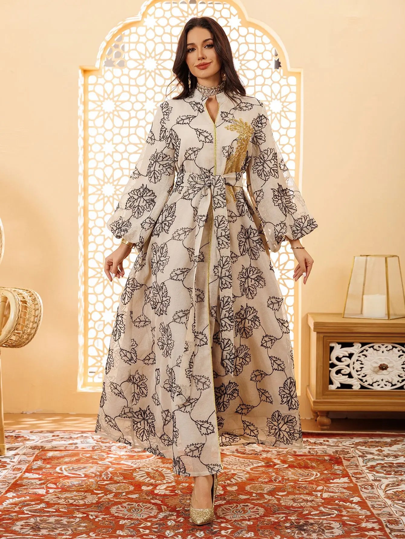 White Gold Floral Embroidered Belted Abaya