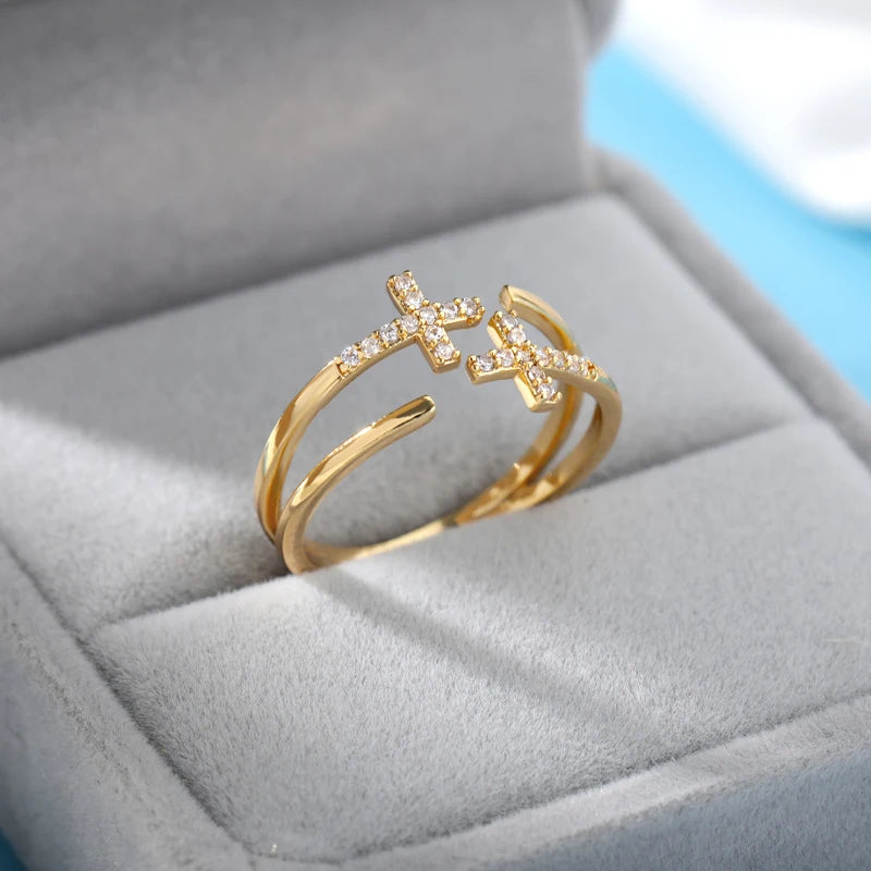 Stainless Steel Cross Flower Heart Ring 18K Gold-plated Anti Fading Rings Women Wedding Golden Jewelry Vacation Accessories Gift