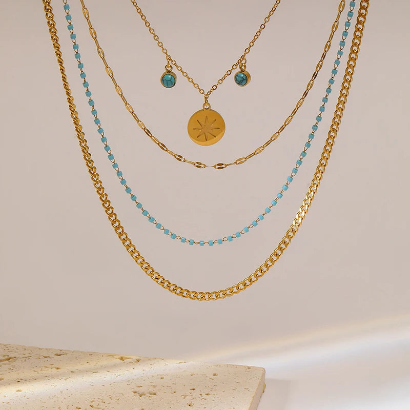 Green Stone Multilayer Pendant Necklace