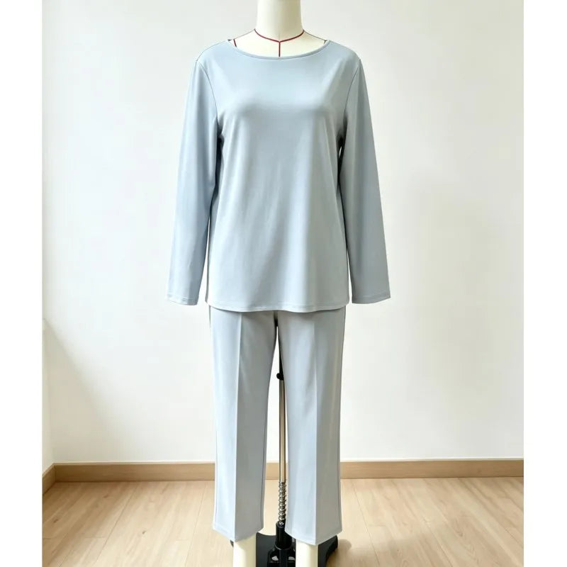 Casual Solid Color Two-piece Set Women's Spring Autumn Simple Round Neck Loose Top+pants Suit Fashion Street Outfit For Ladies