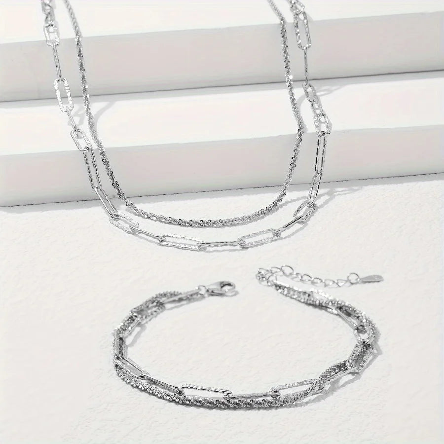 925 Sterling Silver Paperclip Chain Necklace & Bracelet Set