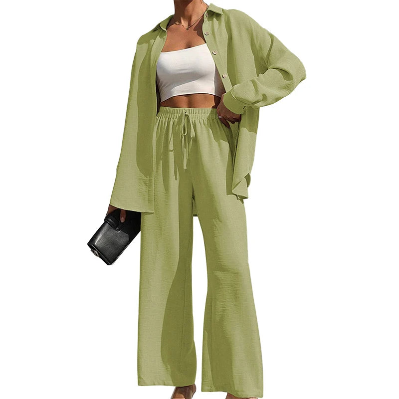 Button Shirt & Wide Leg Pants Two-Piece Set