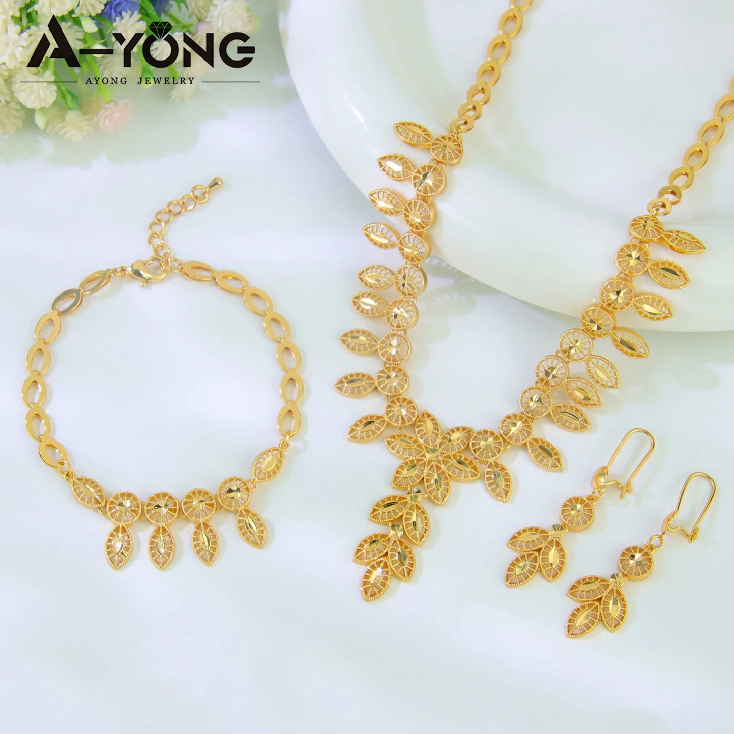 Dubai Wedding Gold Necklace Bracelet & Earrings Set