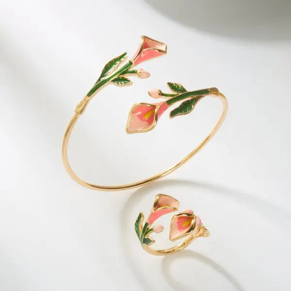 Enamel Flower Copper Bangle Bracelet