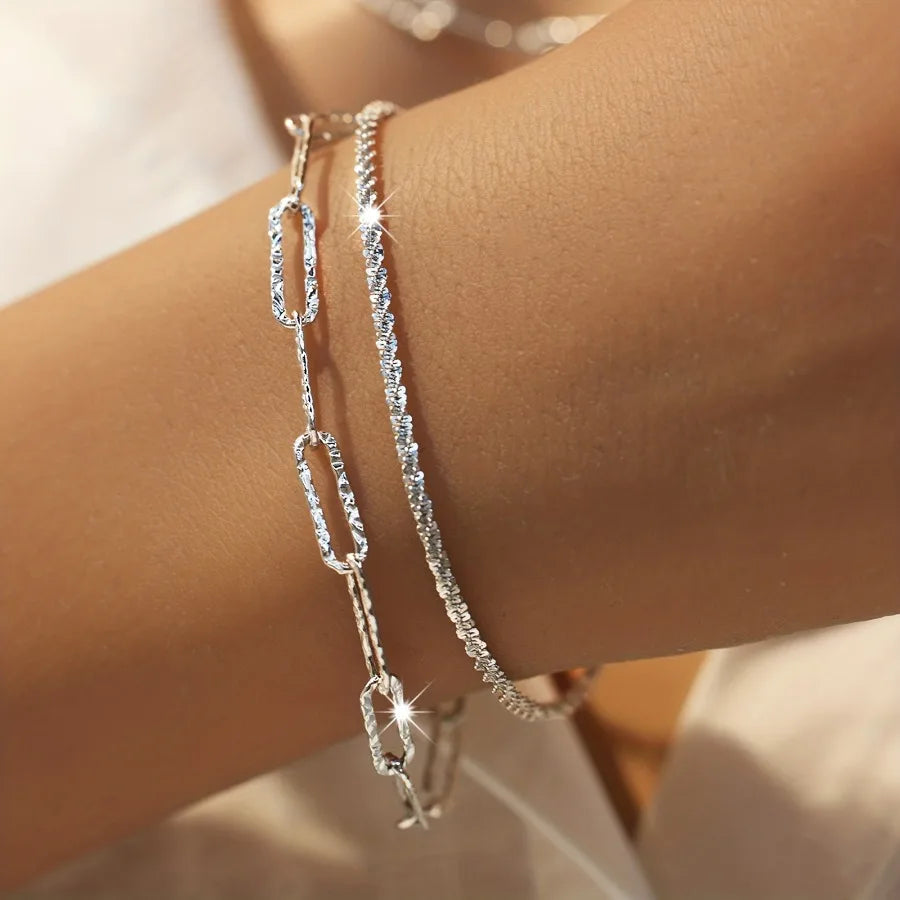 925 Sterling Silver Paperclip Chain Necklace & Bracelet Set