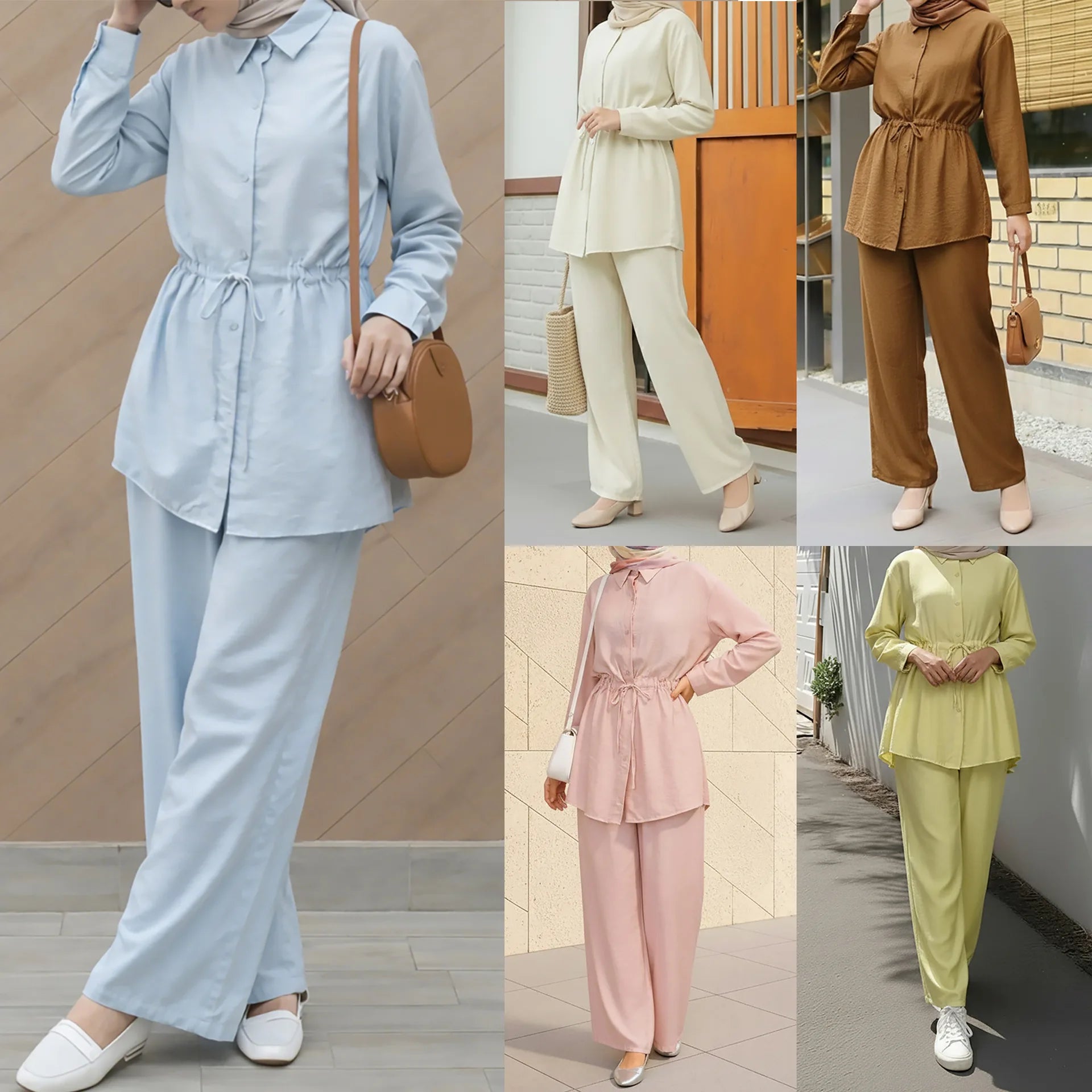 Shirts Suit Women Eid Shirt Wide Leg Pants 2 Piece Set Muslim Morocco Top Trousers Outfits Drawstring Ramadan Dubai Ensemble