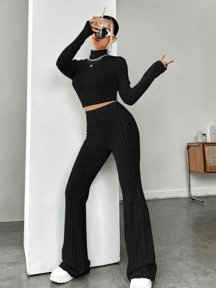 Stand Collar Crop Top & Flared Pants Set