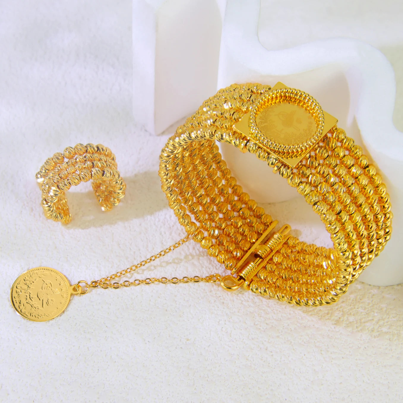 Dubai Gold Beads Wedding Bangles & Ring Set