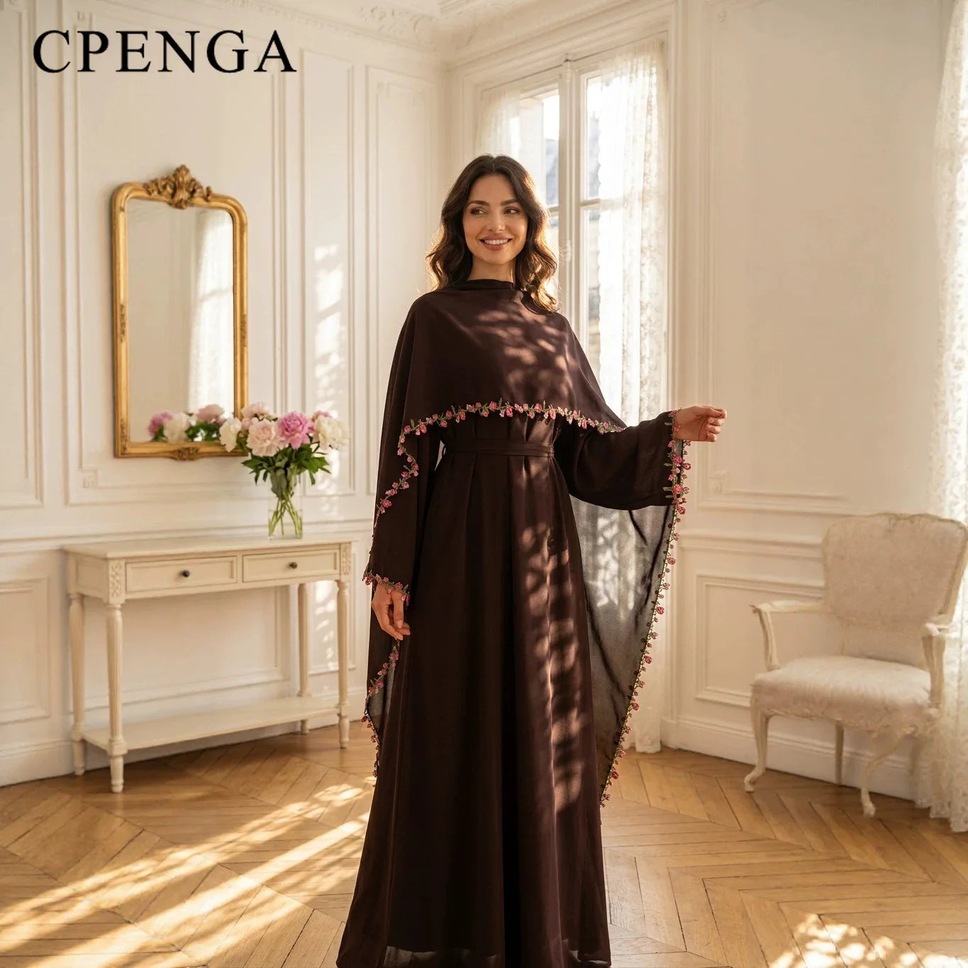 Rose Floral Trim Dubai Abaya with Hijab