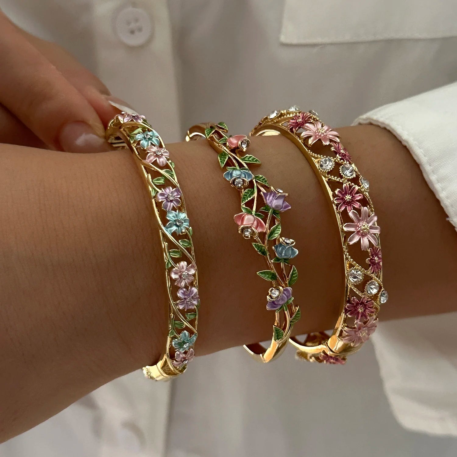 Enamel Flower Copper Bangle Bracelet