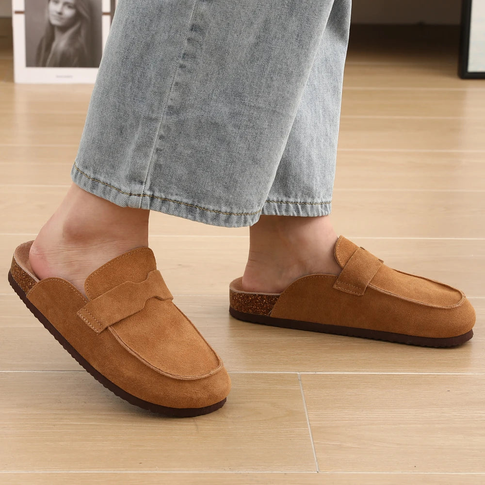 Women's Cork Mules – Suede-Look Slip-On Clogs with Buckle