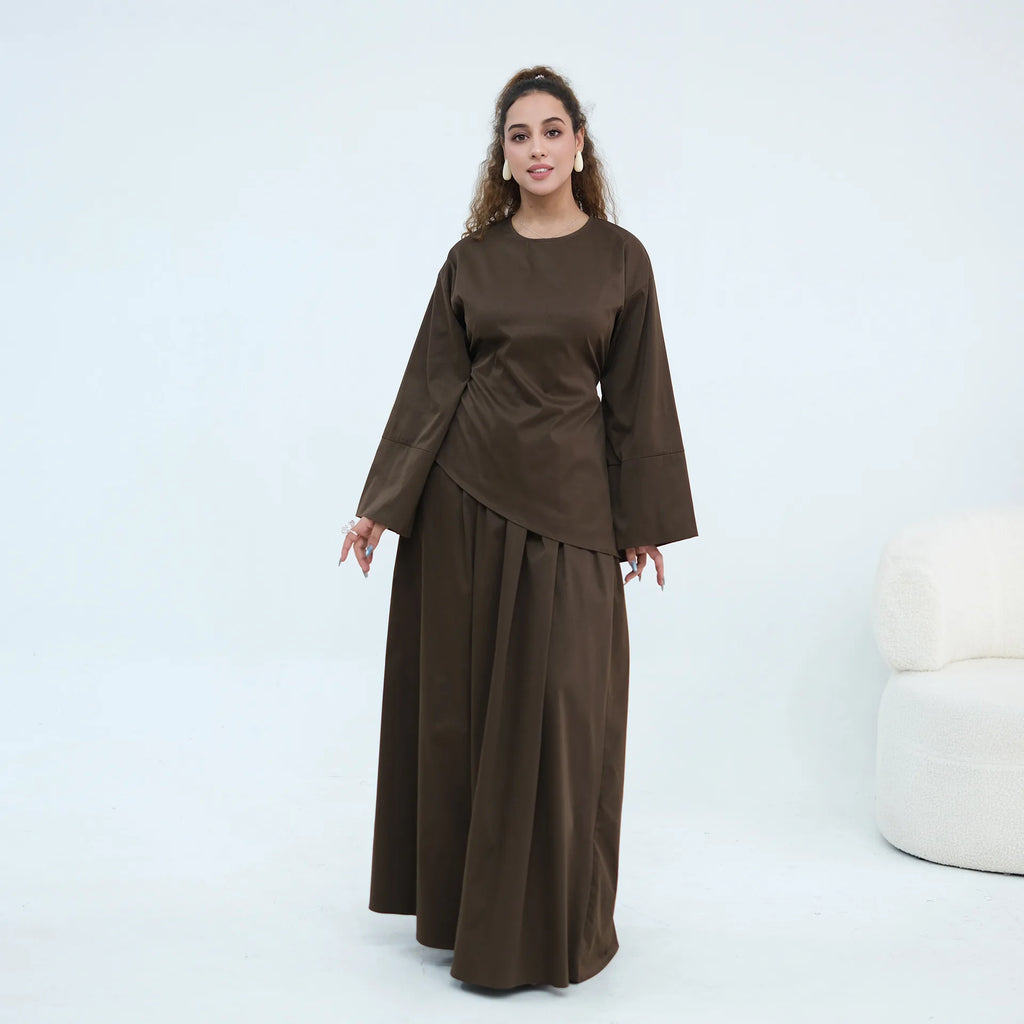 Elegant Women's 2 Piece Abaya Set Muslim Clothing Long Sleeve Top and Pleated Skirt Islamic Traditional Matching Turkey Outfit