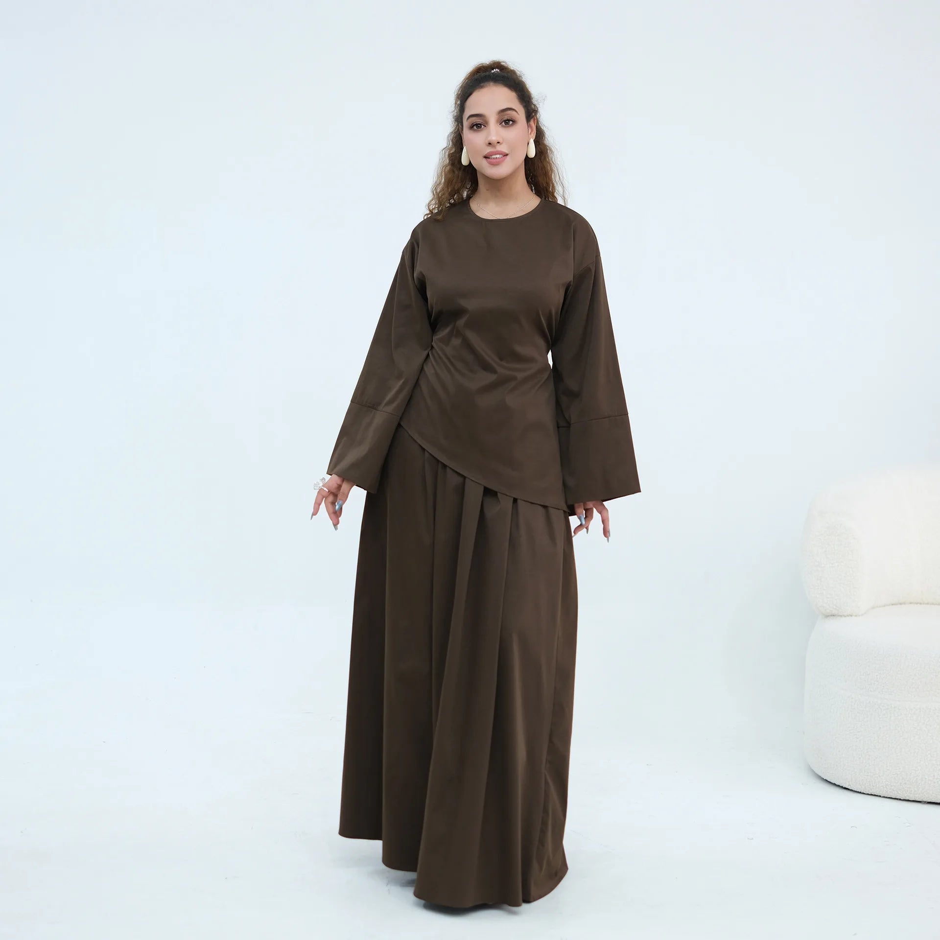 Elegant Women's 2 Piece Abaya Set Muslim Clothing Long Sleeve Top and Pleated Skirt Islamic Traditional Matching Turkey Outfit