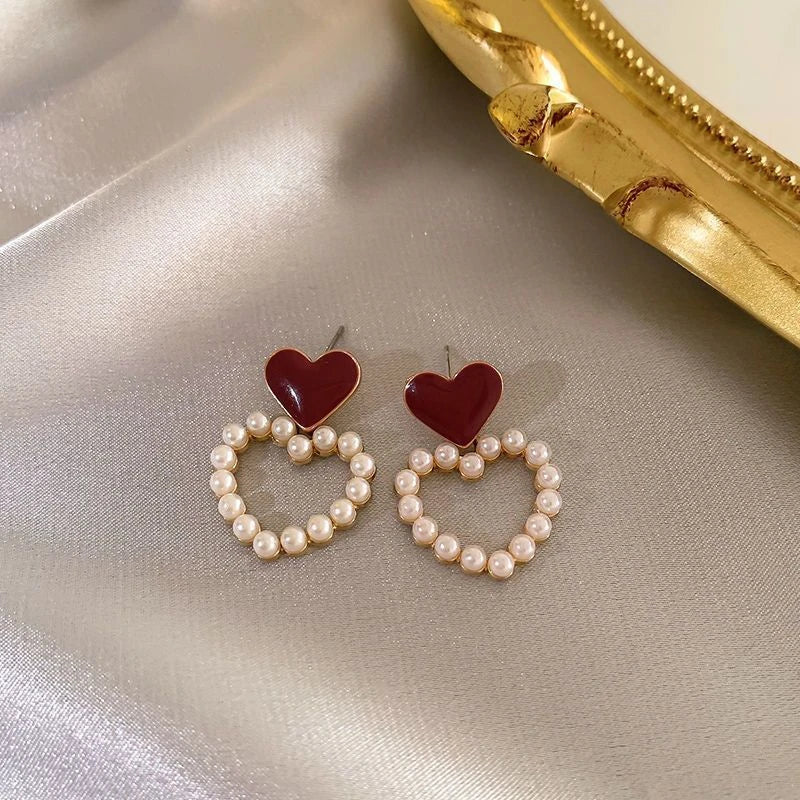 Wine Red Pearl Flower Stud Earrings