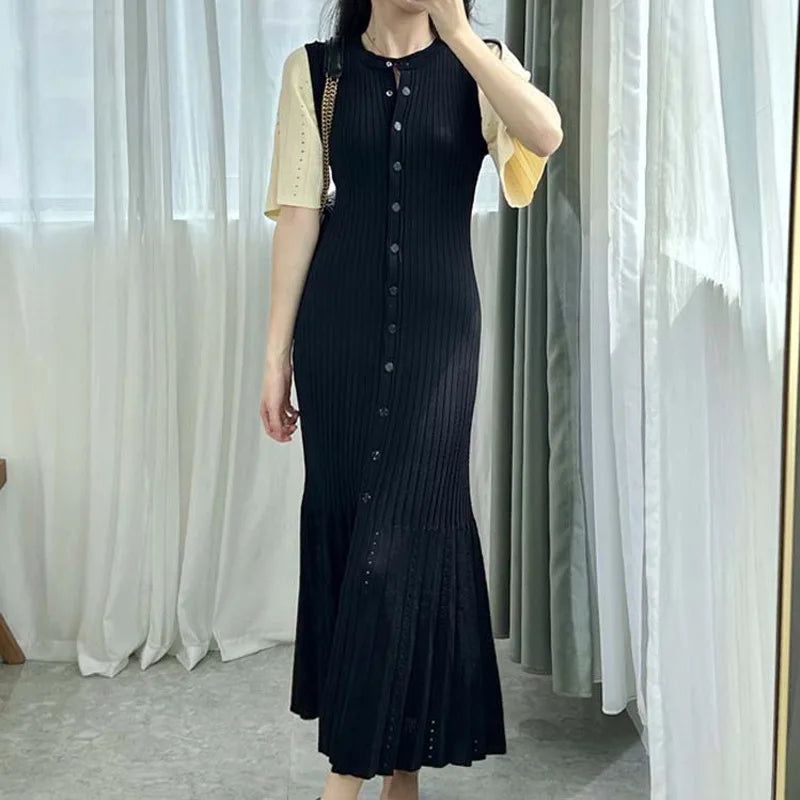 Button-Front Cotton Knit Midi Dress
