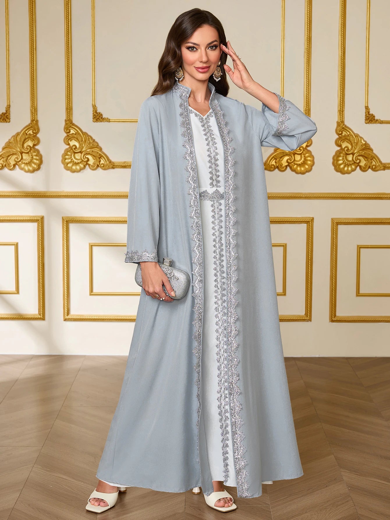 French-Style Lace Embroidered Open Abaya Dress Set