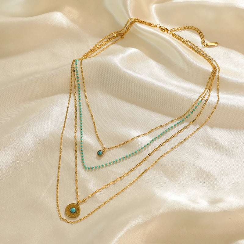 Green Stone Multilayer Pendant Necklace