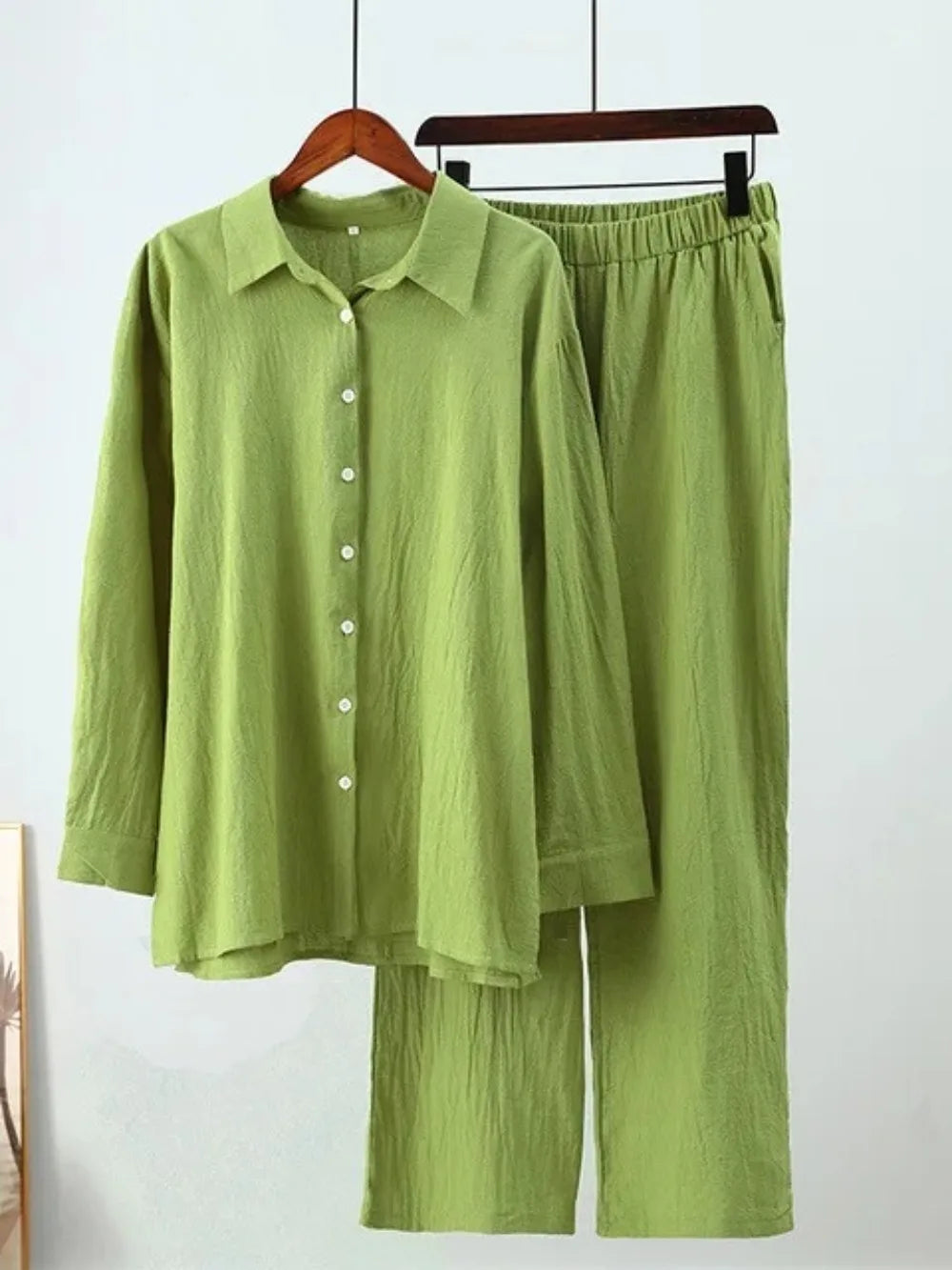Women Muslim Set Wide Leg Pants Set Two Piece Set Cotton Linen Buttons Shirt Suit Ramadan Eid Dubai Ensemble Arabic Outfits