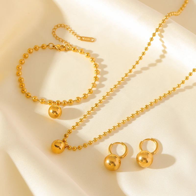 Gold Bead Ball Necklace Bracelet & Earrings Set