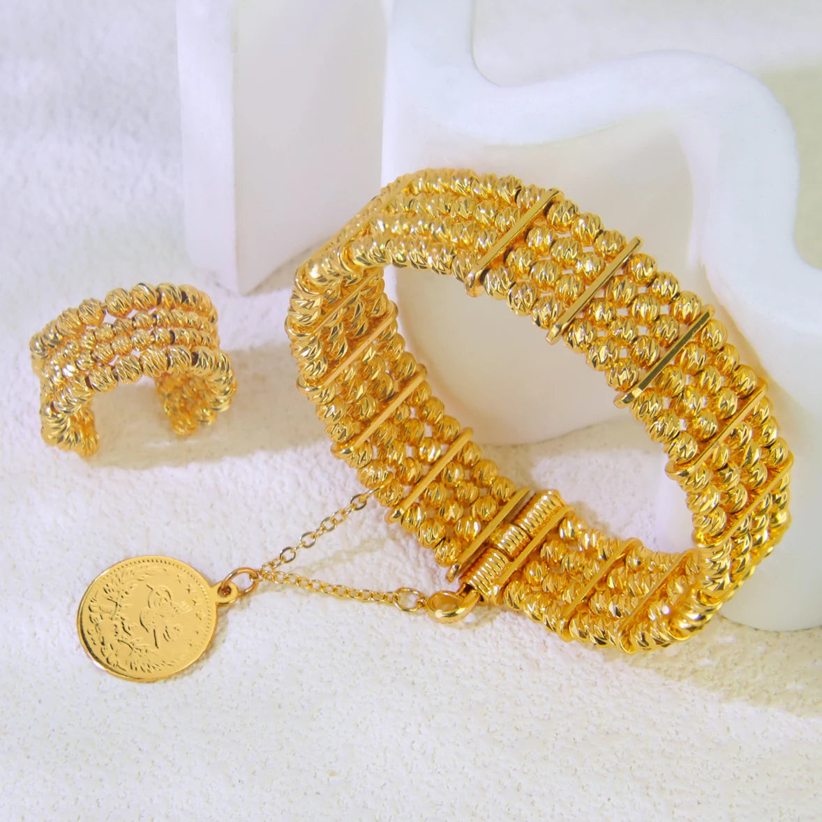 Dubai Gold Beads Wedding Bangles & Ring Set