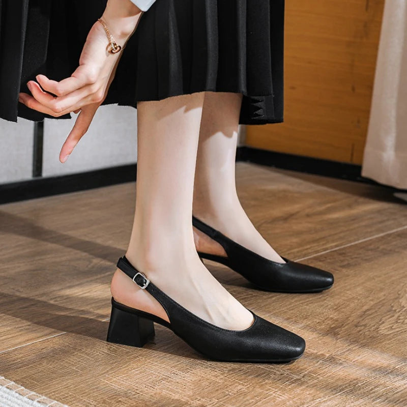 2025 New Mid Thick Heel High Heels Women's Shoes French Baotou Shallow Mouth Sandals Women's Summer Large Coarse Heeled Sandals