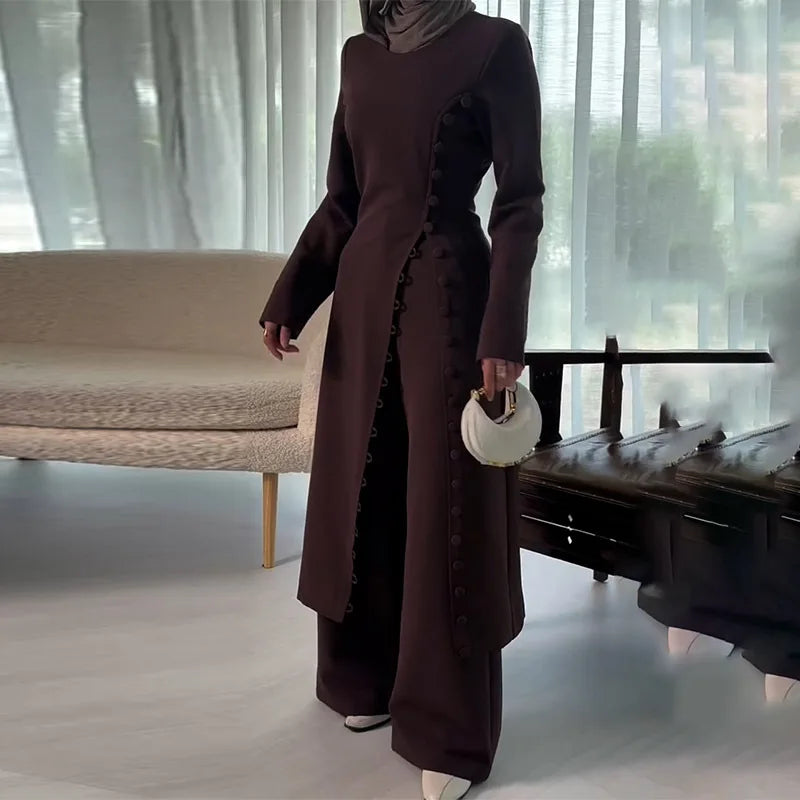 Two Piece Set Women Long Robe Top Wide Leg Pants Suit Ramadan Morocco Dubai Islam Casual Ensemble Femme Muslim Arabic Outfits