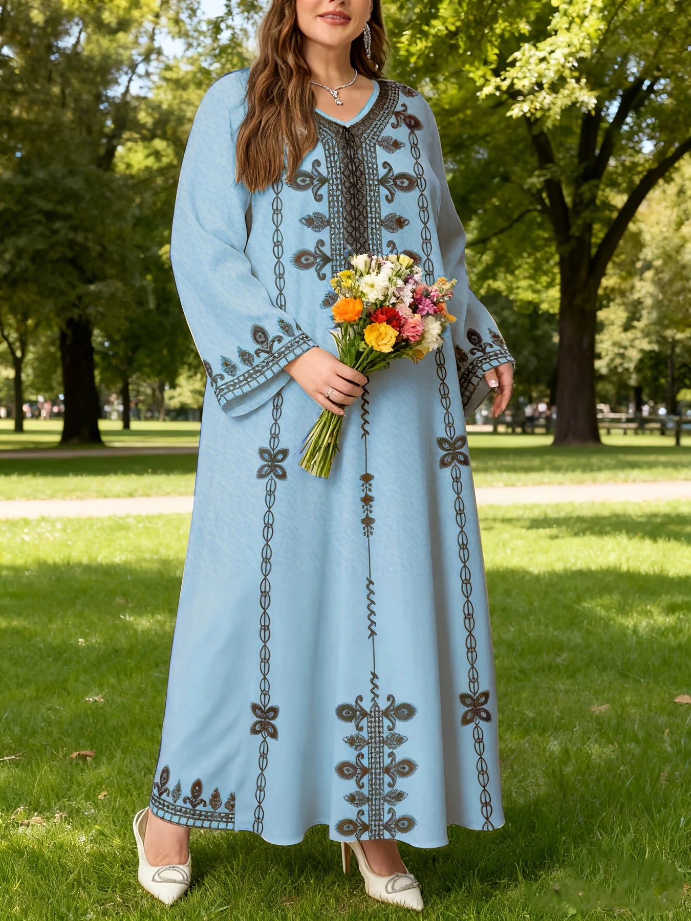 Plus Size Ethnic Print Long Sleeve Holiday Robe Dress