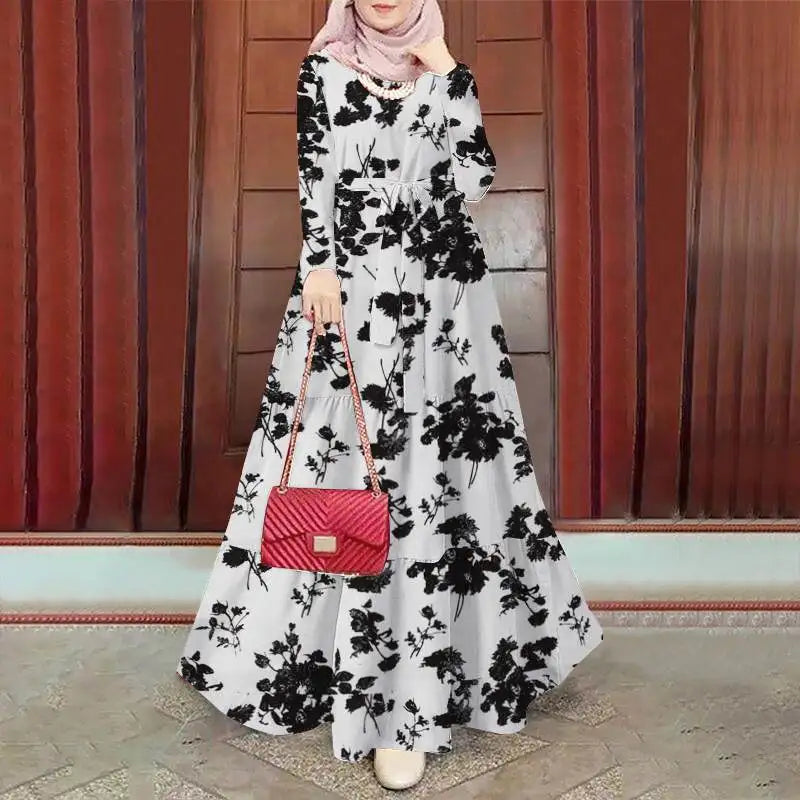Floral Bohemian Tiered Belted Abaya Maxi Dress