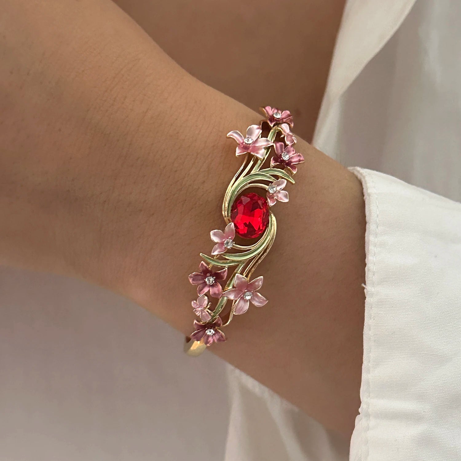 Enamel Flower Copper Bangle Bracelet