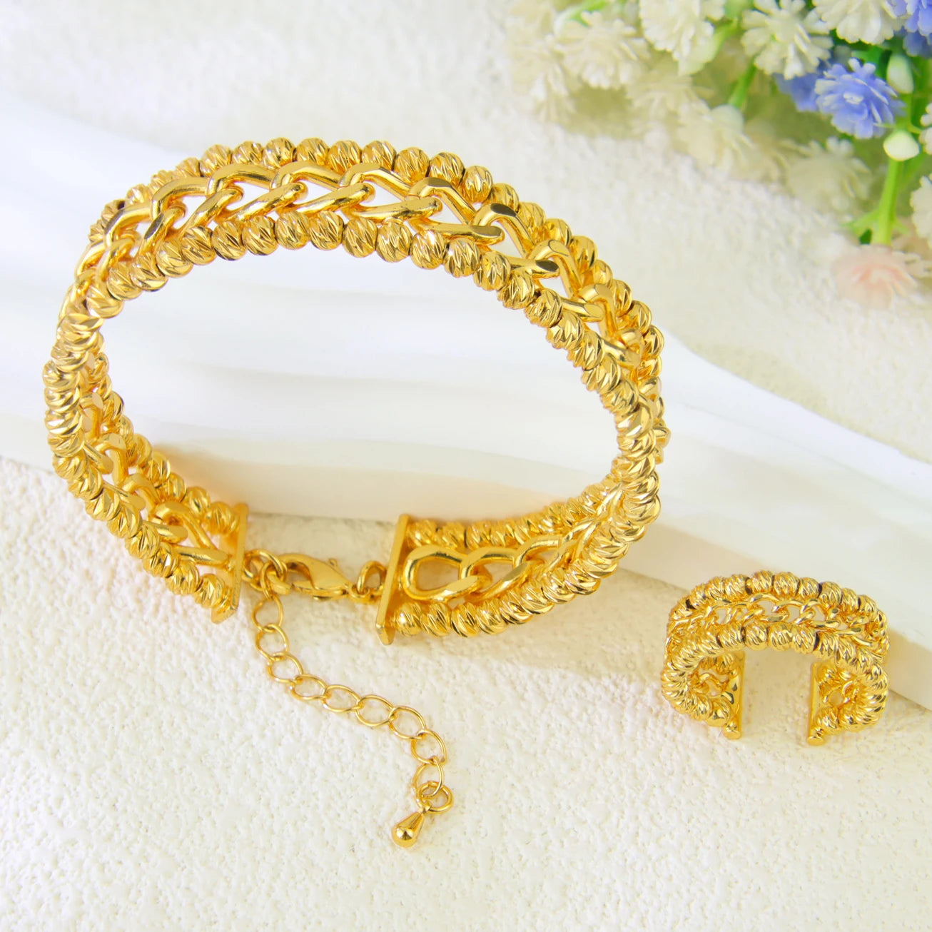 Dubai Gold Beads Wedding Bangles & Ring Set